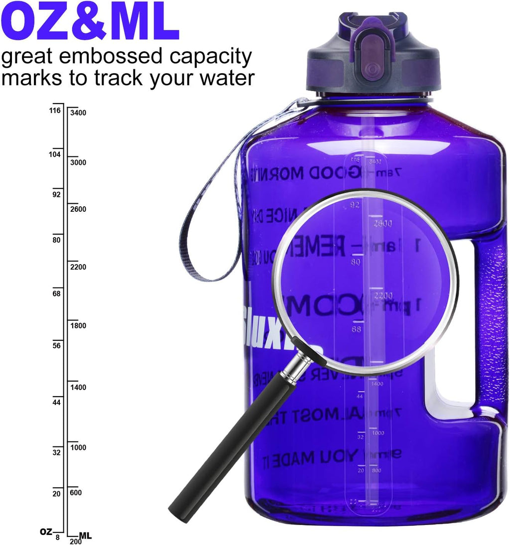 1 Gallon Motivational Sports Water Bottle with Time Marker, BPA Free 128oz Leak Proof Jug, Black, Plastic, 128