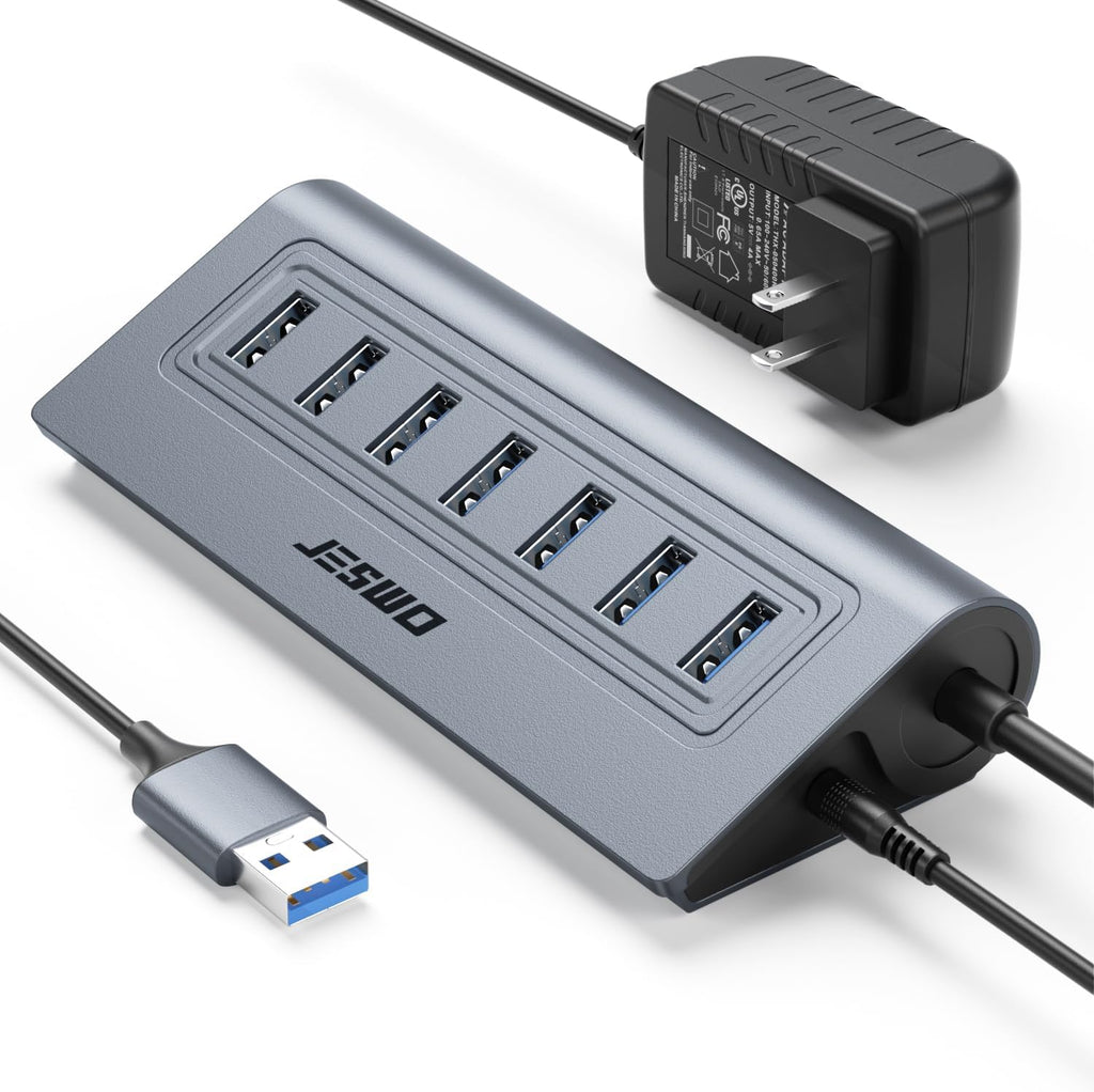 Powered USB Hub, JESWO 7-Port USB 3.0 Hub, Aluminum USB Data Hub with 3.3ft Cable, USB Hub 3.0 Powered with 5V/4A