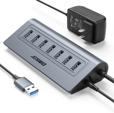 Powered USB Hub, JESWO 7-Port USB 3.0 Hub, Aluminum USB Data Hub with 3.3ft Cable, USB Hub 3.0 Powered with 5V/4A