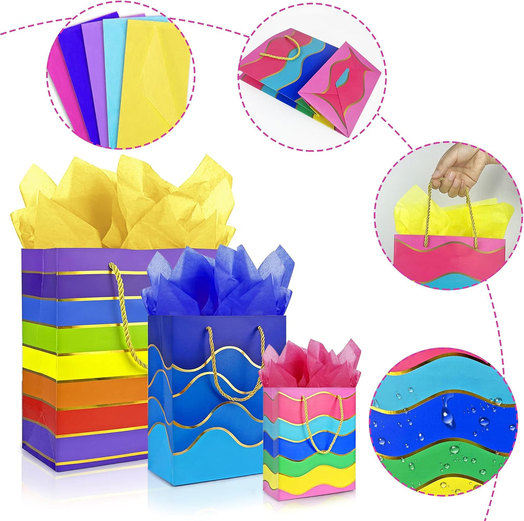 Gift Bags Assorted Sizes and Designs with Handle and Tissue Paper Birthday Gift Bags Rainbow for Birthday Bag Party