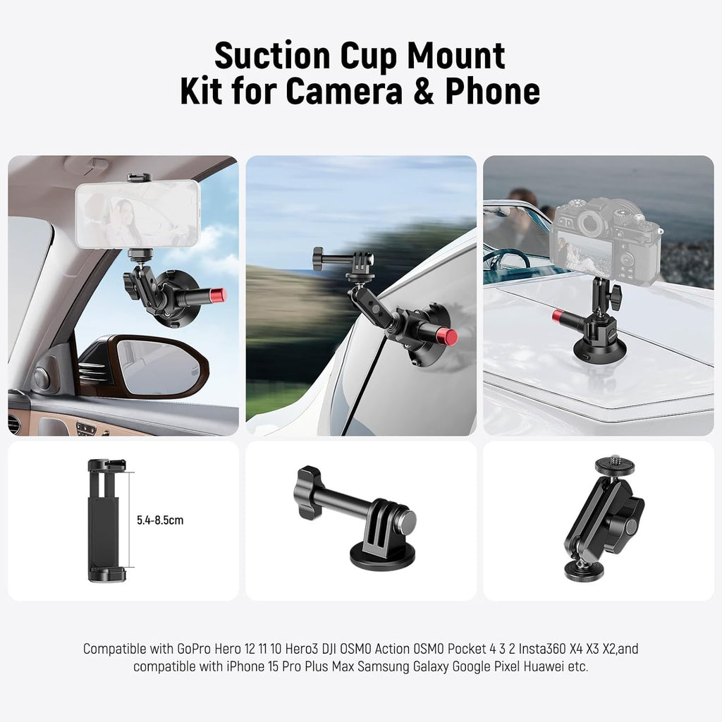 3" Suction Cup Camera Mount Bracket with Ball Head Magic Arm, 1/4" ARRI Holes, Quick Release Car Mount with Phone