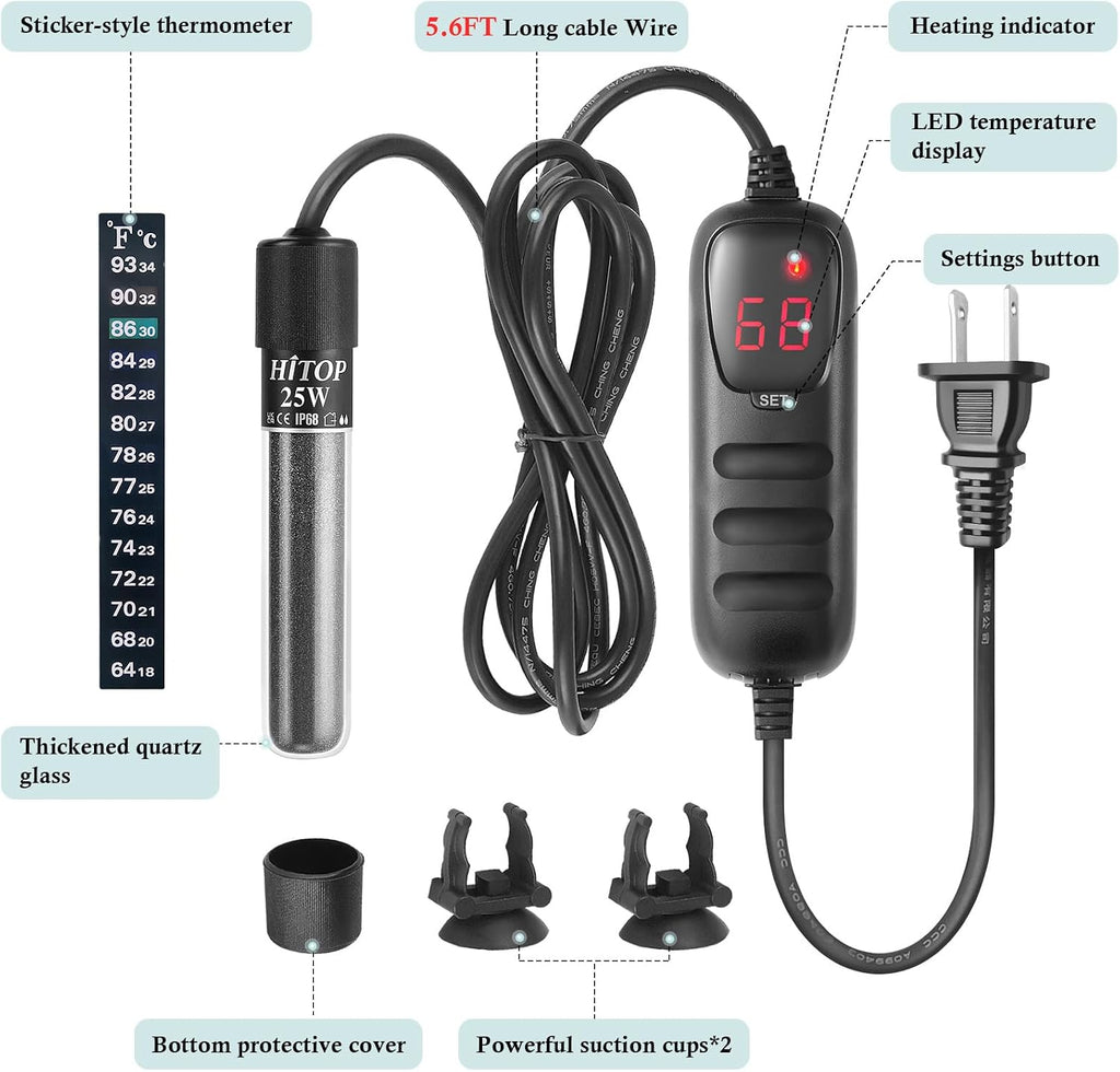 Compact Submersible Aquarium Heater -25W Digital Heater for Fish Tank Turtle Tank