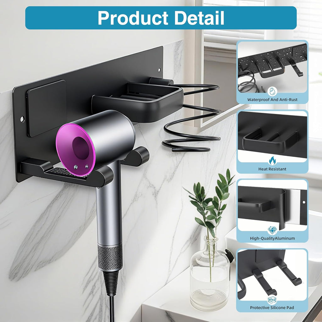 Blow Dryer Holder Wall Mount, 3 in 1 Bathroom Hair Tool Organizer with Curling Iron Holder & Flat Iron Holder