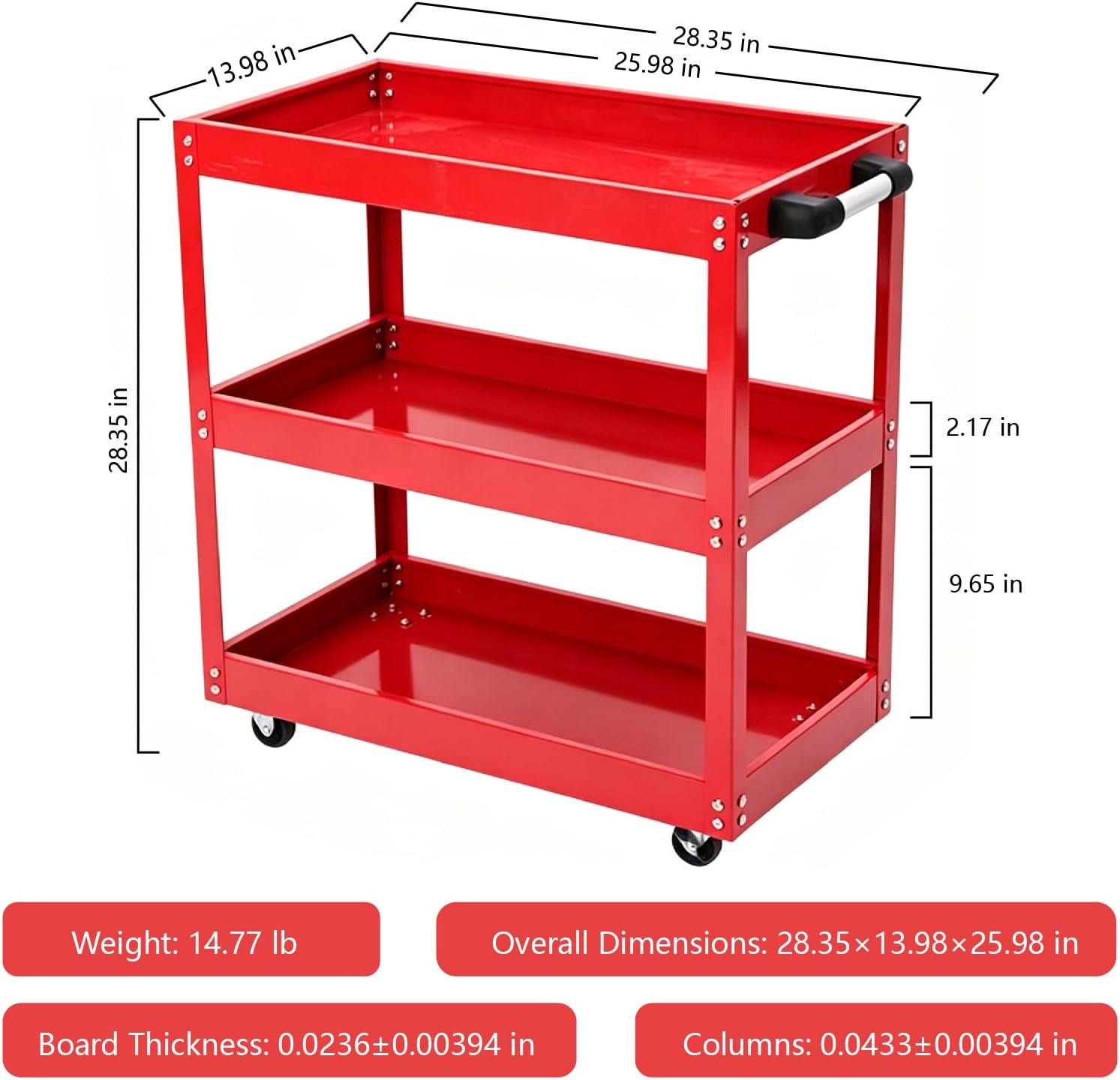 3 Tier Metal Rolling Tool Cart Heavy Duty Utility Cart with Handle Wheels | Metal Storage Service Cart Garage Tool