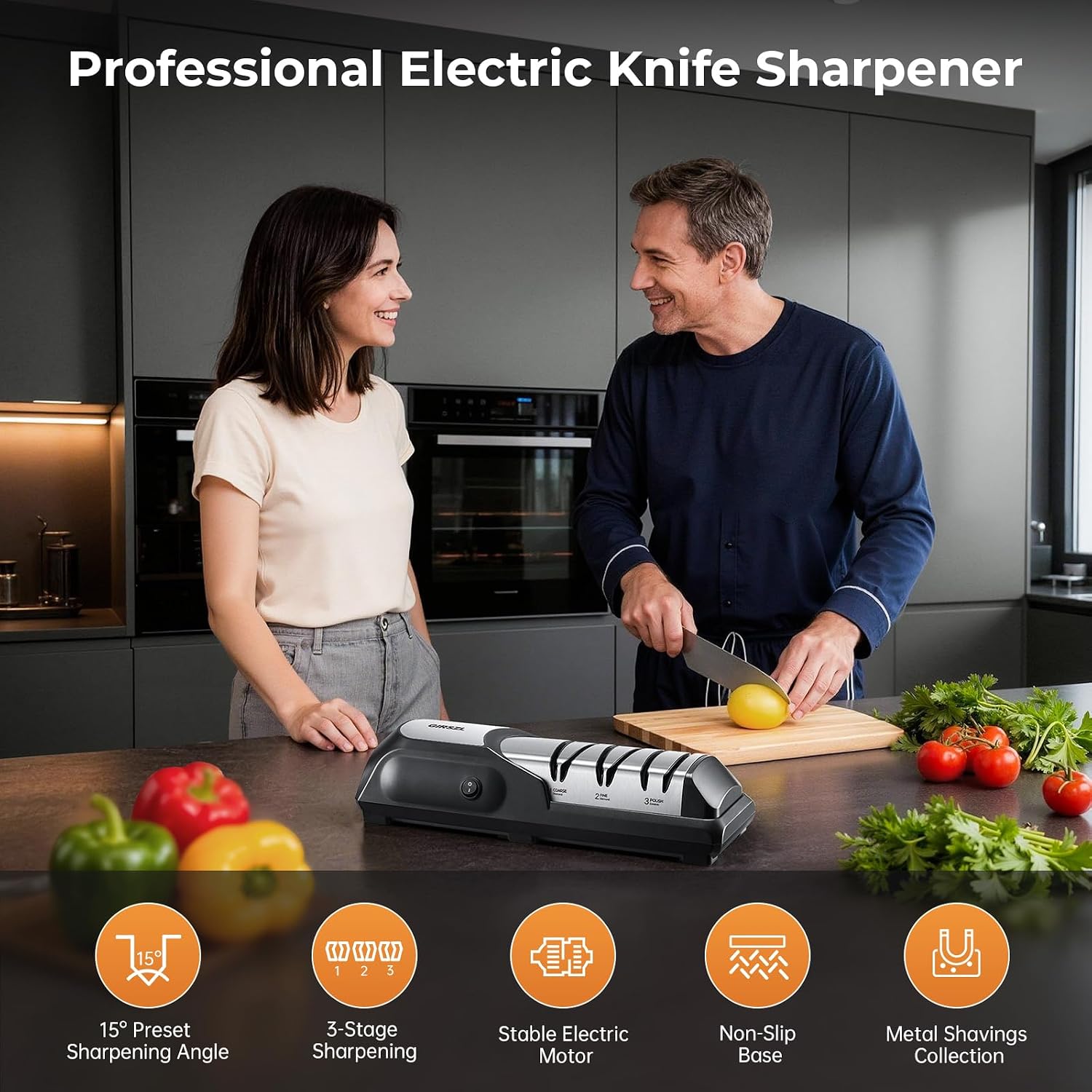 Kitchen Professional Electric Knife Sharpener: 3-Stage 100% Diamond Abrasives Knife Sharpeners with 15° Precision