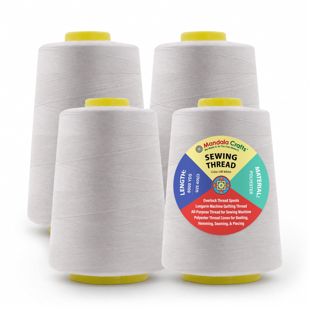 40S/2 Off White Polyester 4 Pack of Serger Threads Cones