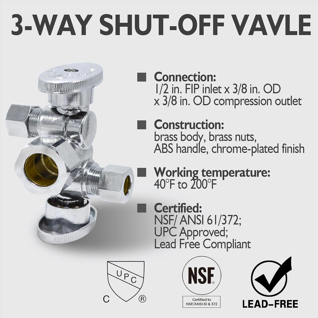 TTFLEX Dual Shut Off Valve 1/2" NOM x 3/8" COMP x 3/8" COMP, Quarter Turn | Double Shut Off Valve Kitchen Sink, Water