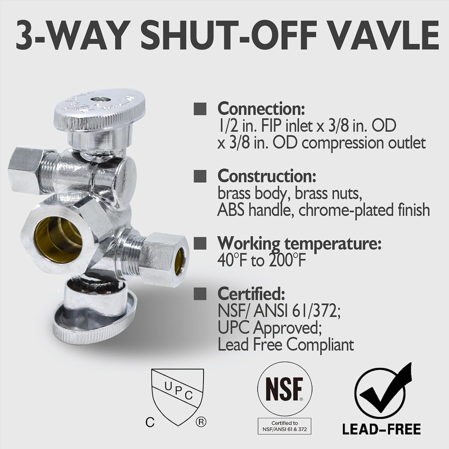 TTFLEX Dual Shut Off Valve 1/2" NOM x 3/8" COMP x 3/8" COMP, Quarter Turn | Double Shut Off Valve Kitchen Sink, Water
