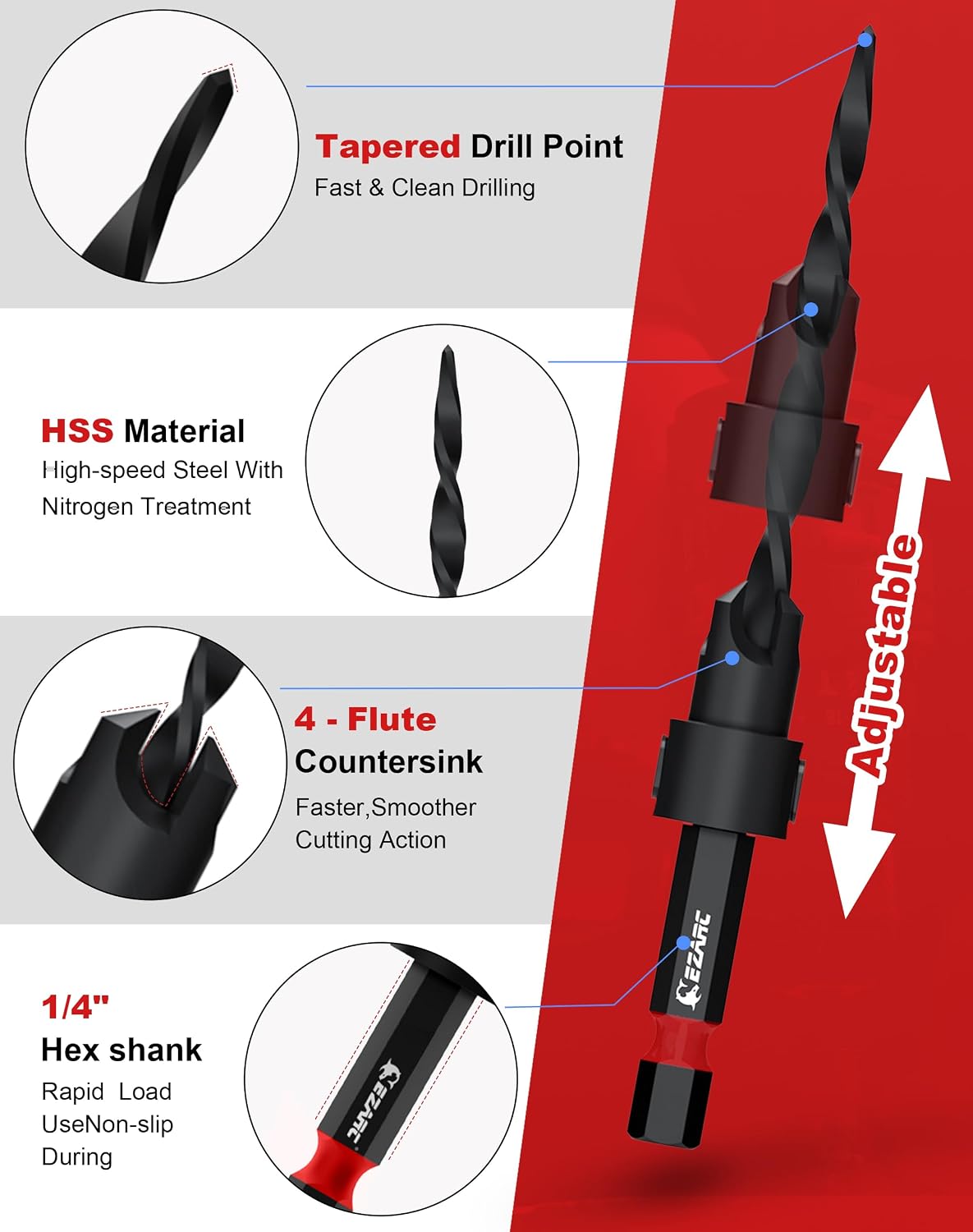 EZARC Countersink Drill Bit Set, 15PCS Tapered Bits with Plug Cutters