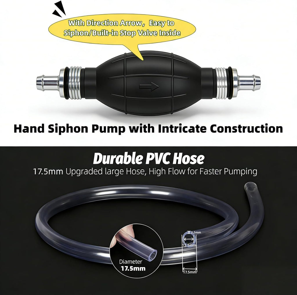 Fuel Transfer Pump, Portable Hand Fuel Siphon Pump | 10 Ft PVC siphon hose for Gasoline，Gasoline Transfer Pump with