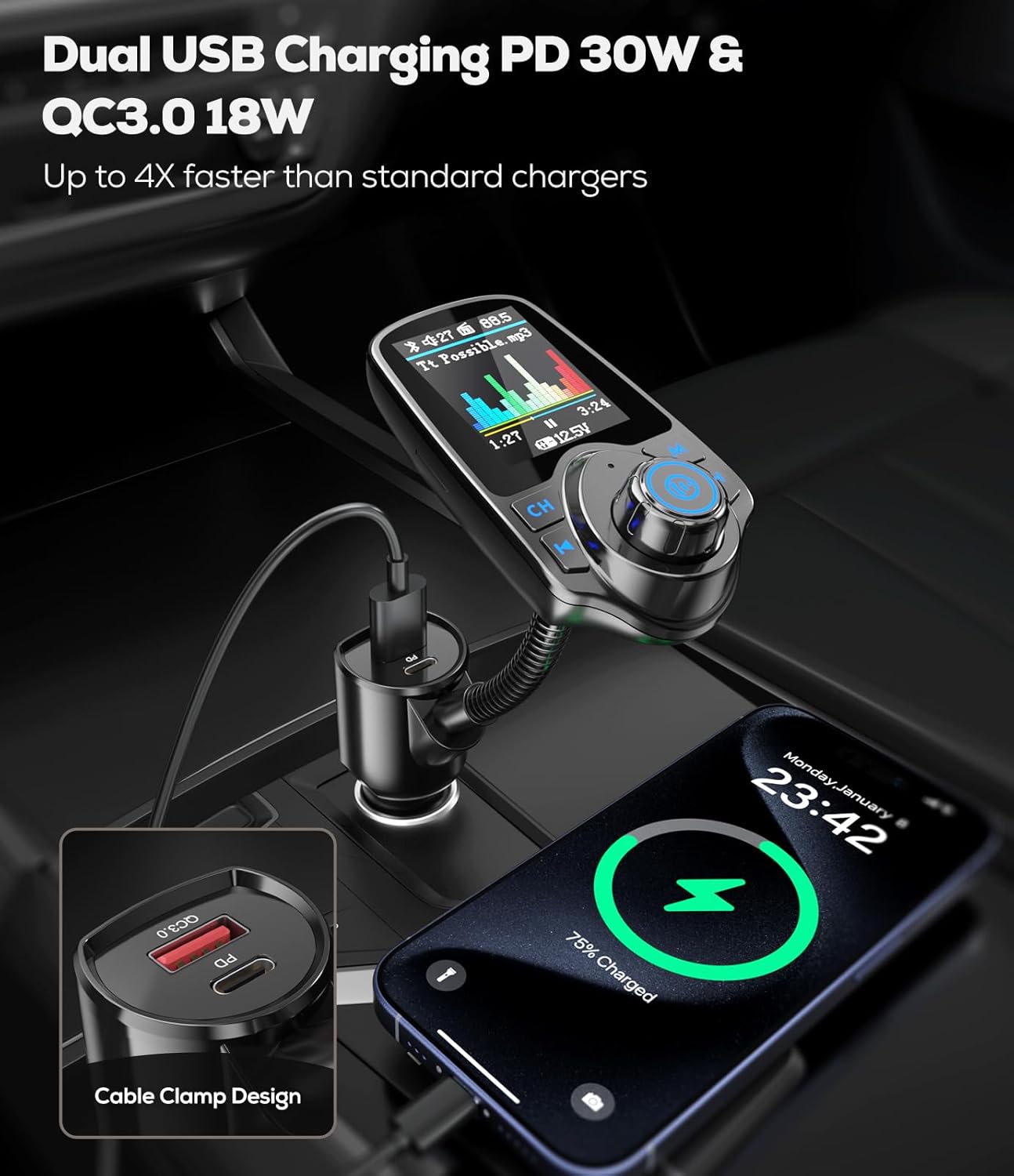1.8" Color Screen 48W Bluetooth 5.4 Car Adapter FM Transmitter | Dual Fast Charging Ports[PD 30W & QC3.0 18W], 7 EQ
