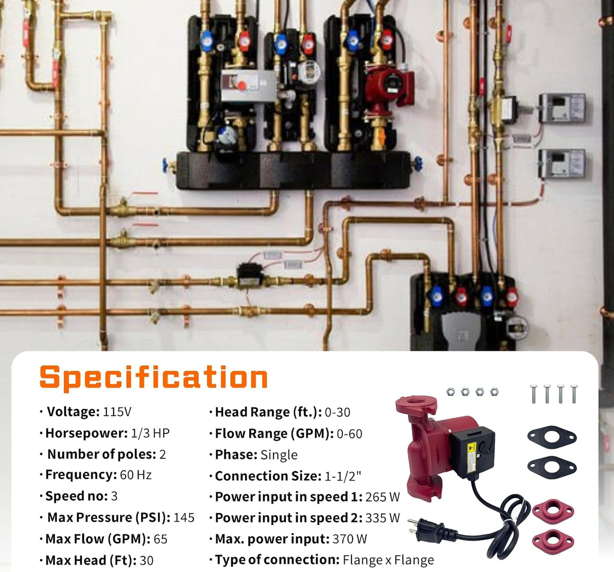 UPS43-100F Circulator Pump 115V 60Hz 3Speed 1/3HP Compatible with Grundfos