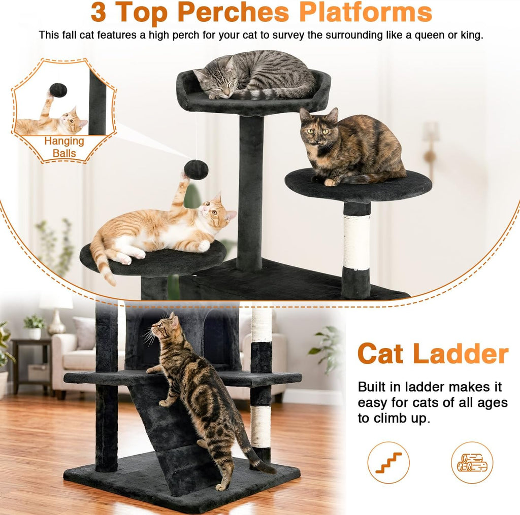 54" Cat Tree Tower | Dark Gray | Multi-Level Indoor Activity Center with Sisal Scratching Posts, Condos, Plush