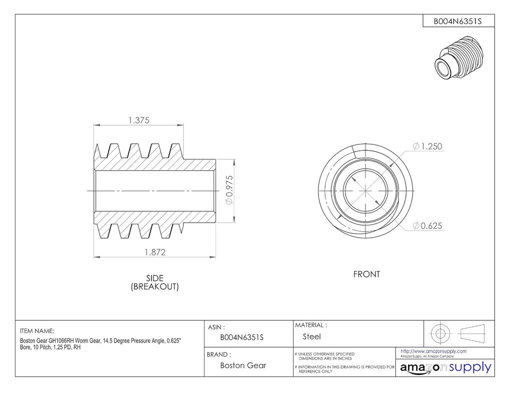 Boston Gear GH1066RH Worm Gear, 14.5 Degree Pressure Angle, 0.625" Bore, 10 Pitch, 1.25 PD, RH