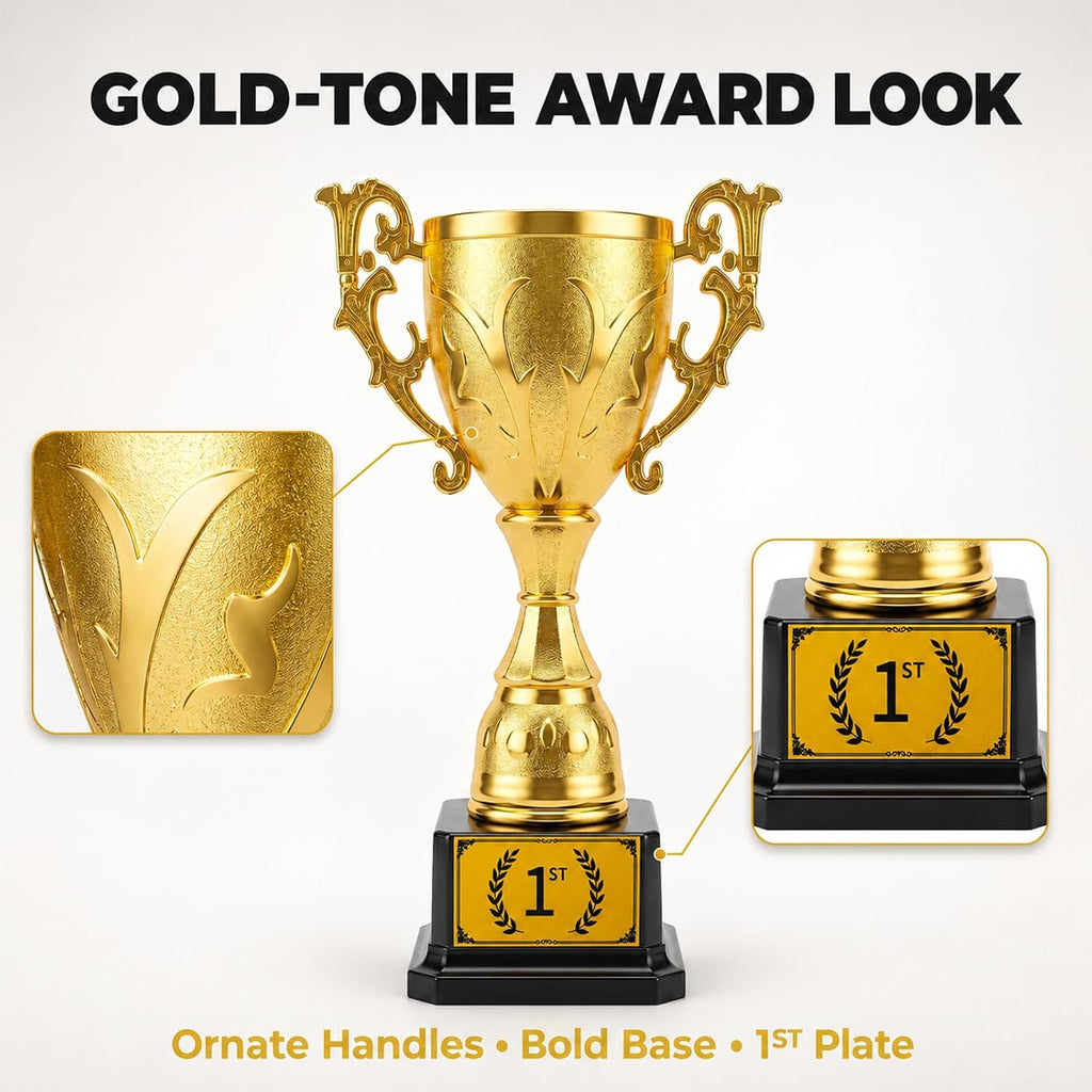 1st Place Trophy Award, Gold Plastic Cup with Adhesive First Place Plate and Black Base, Approx. 8.27 in Tall, Winner