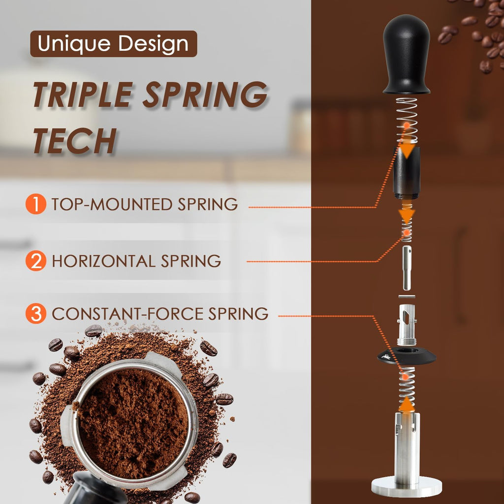 53mm Espresso Tamper, Spring Loaded Self Leveling Coffee Tamper | Audible click signals perfect 30lb pressure;