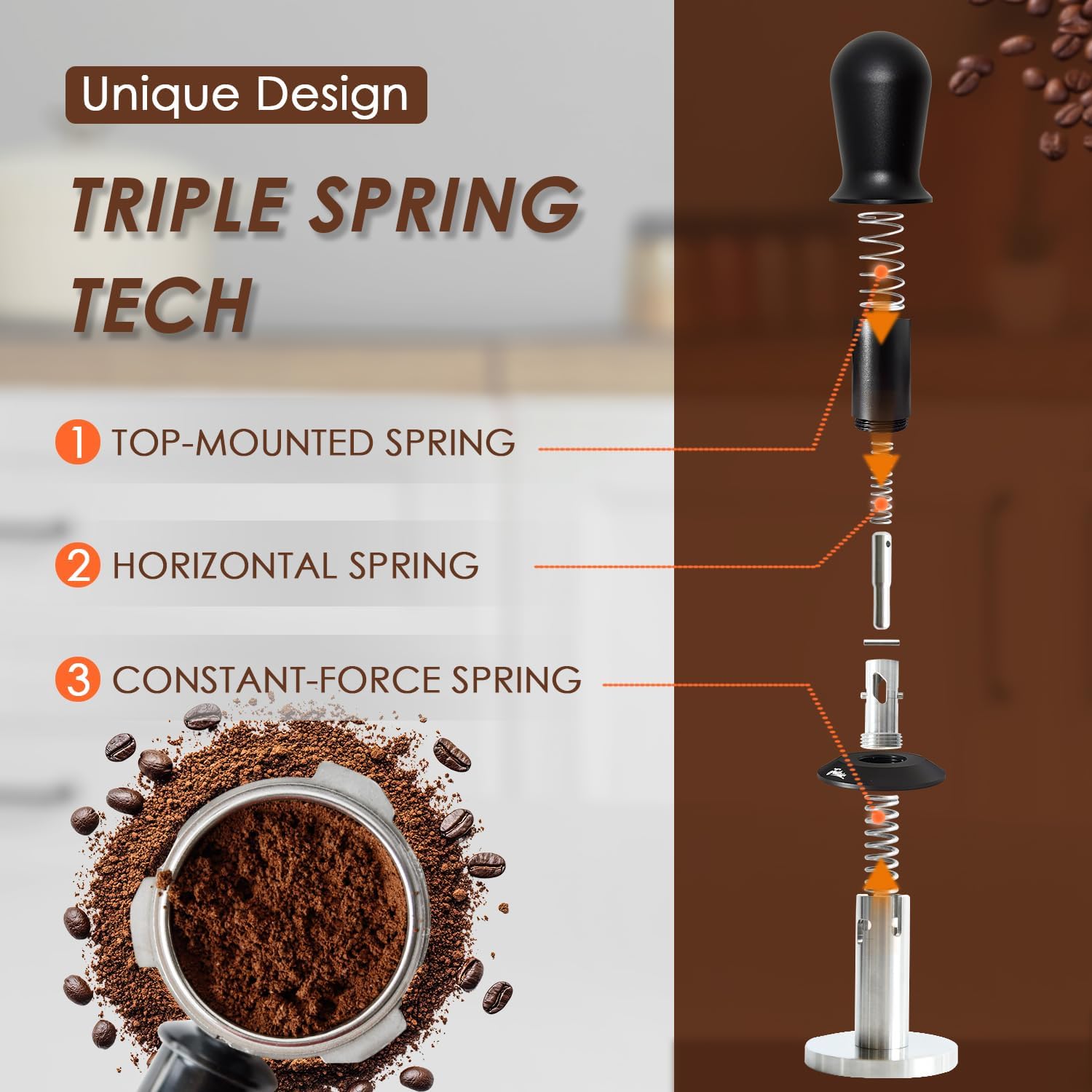 53mm Espresso Tamper, Spring Loaded Self Leveling Coffee Tamper | Audible click signals perfect 30lb pressure;