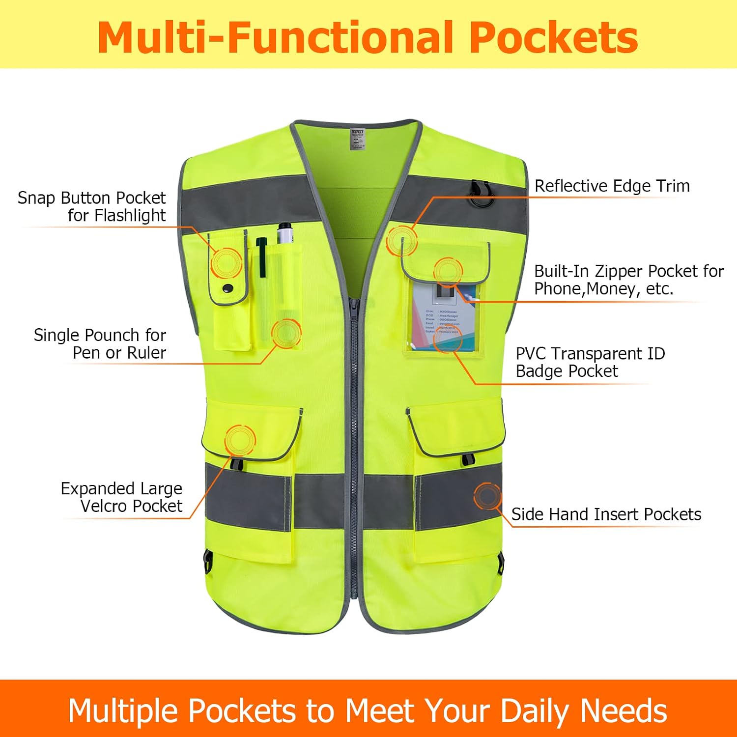 Hi Vis Vest 9 Pockets High Visibility Reflective Safety Vest for Men Women, Safety Construction Vest with Reflective