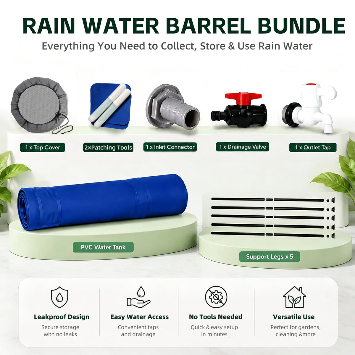 53 Gal Collapsible Rain Barrel with Spigot, Filter and Overflow Kit, Blue