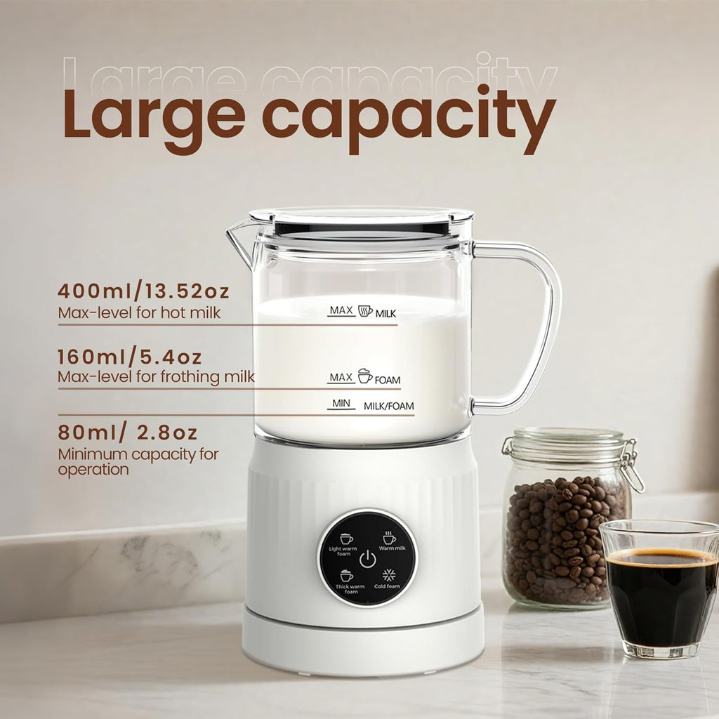 4-in-1 Electric Milk Frother and Steamer for Whole Milk, LED Touch Screen | Cold and Warm Foam Maker, Ceramic-Coated