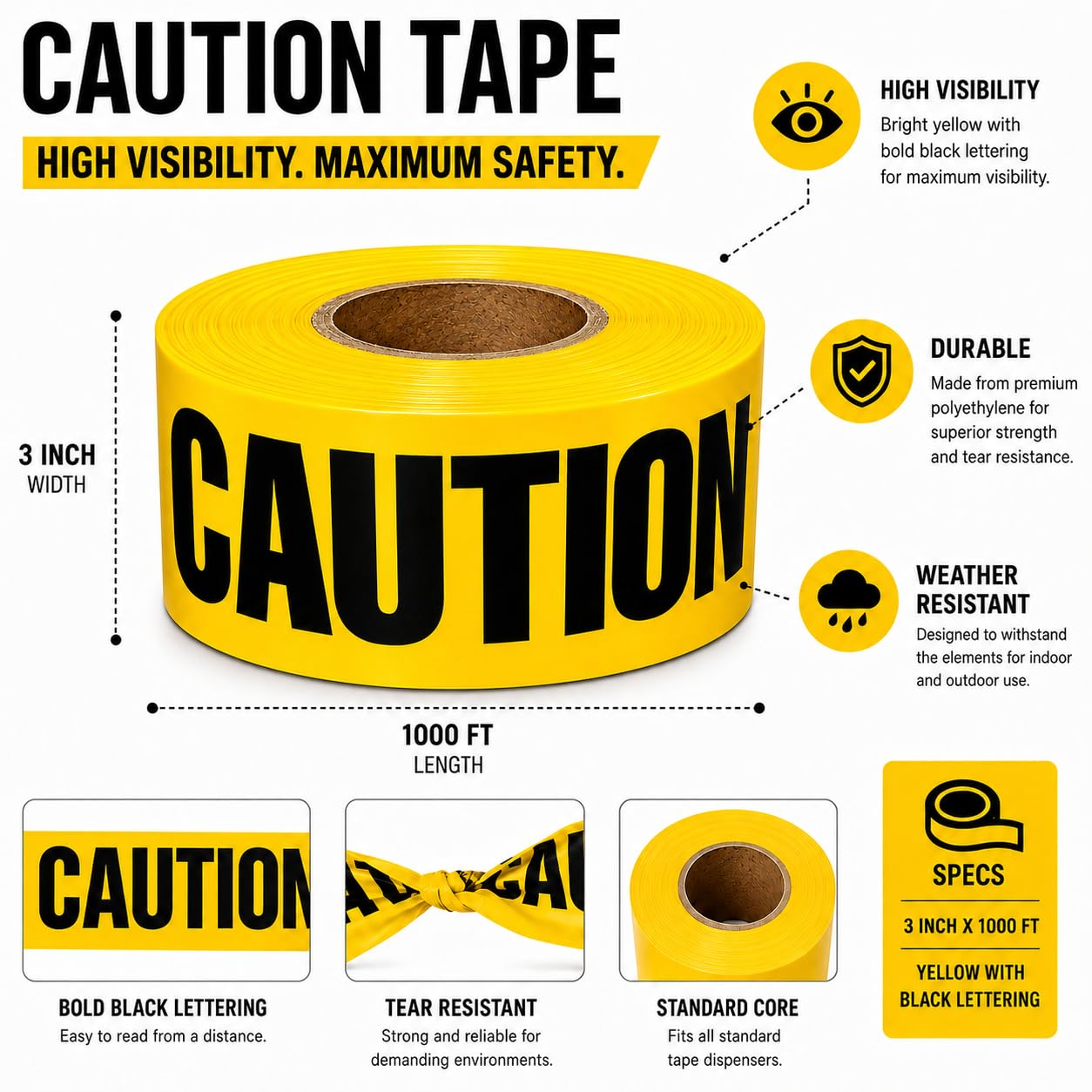 Premium Yellow Caution Tape I 3 inch x 1000 feet I Harzard Tape w/Bright Yellow & Bold Black Text I 3" Wide for