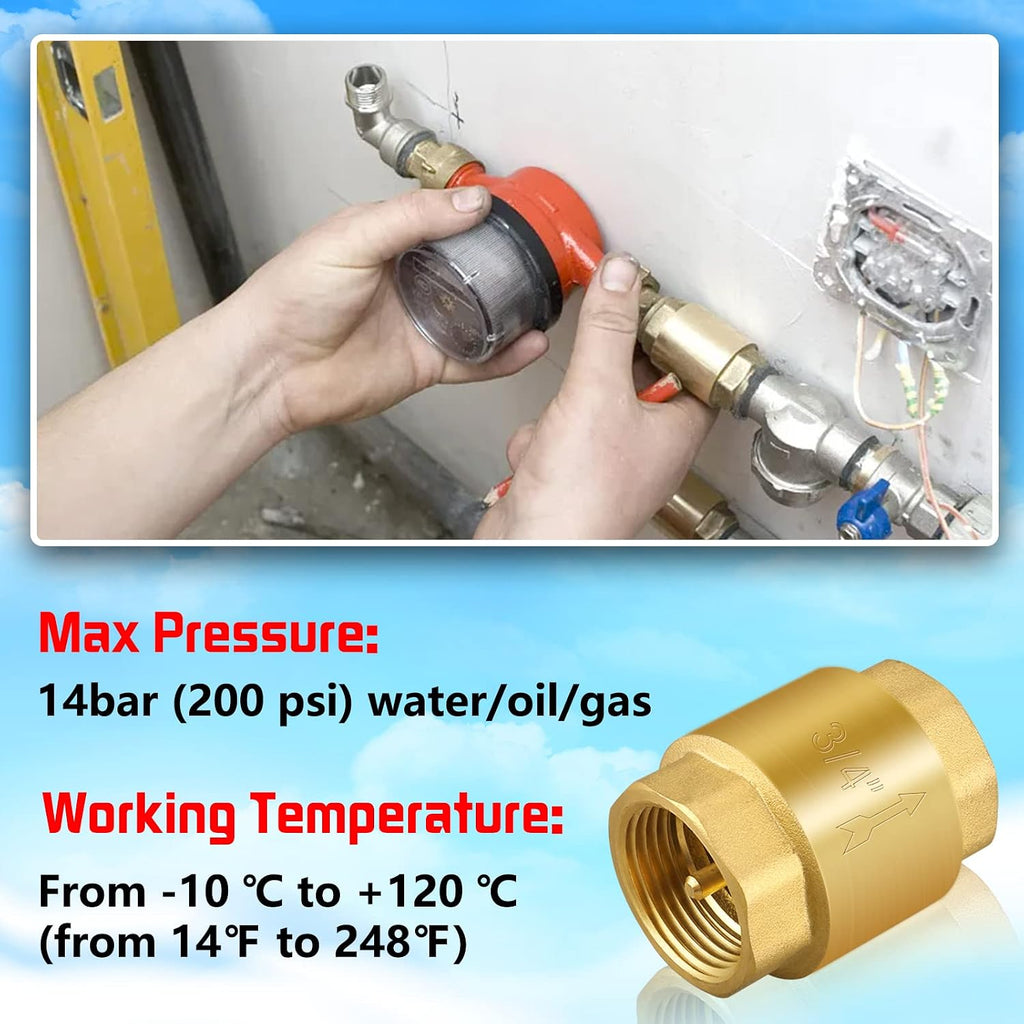 2PCS 3/4 NPT Thread Spring Check Valve, Brass Non Return One Way Horizontal Vertical Inline Water Check Valve for Well, Pump, Tank, Backflow Prevention