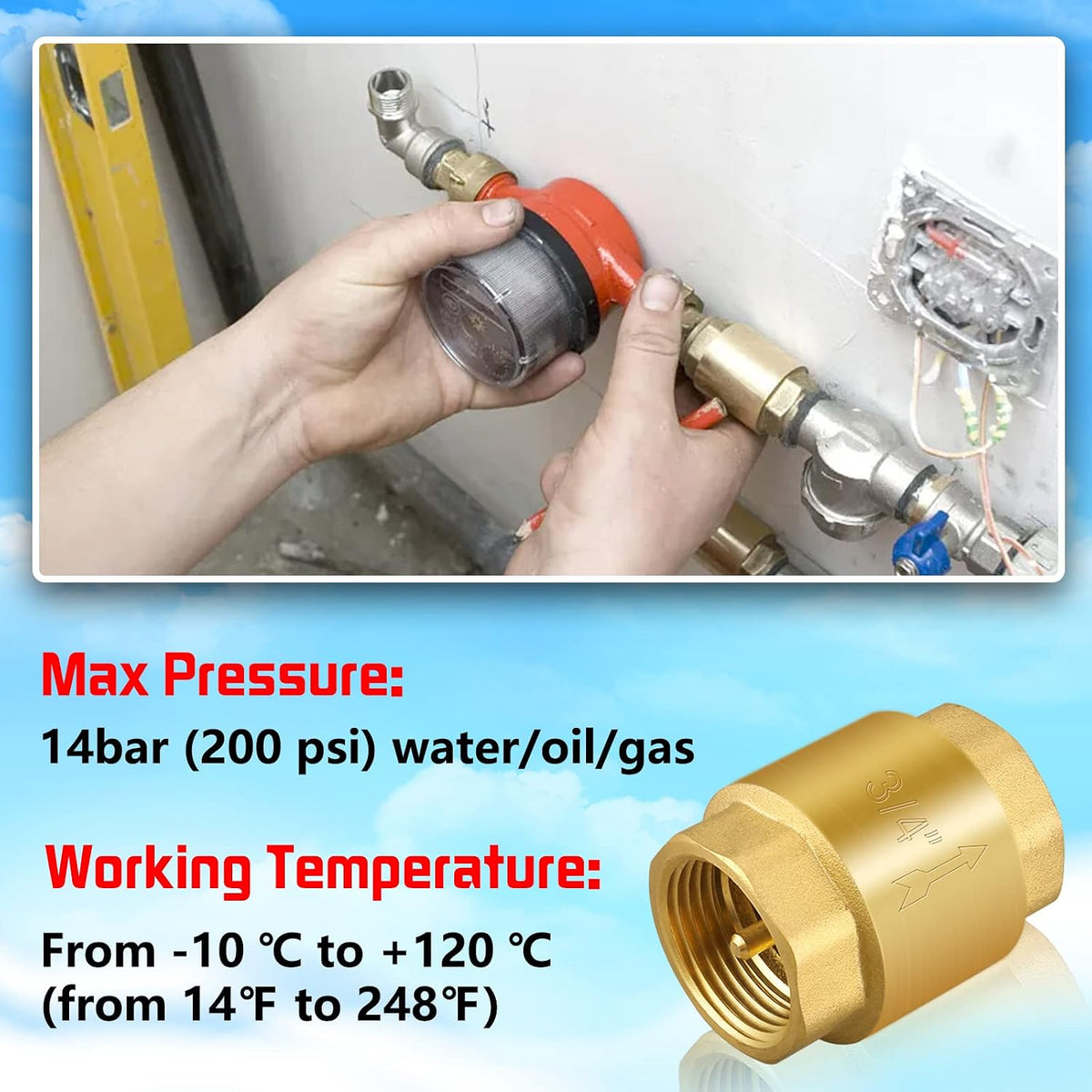 2PCS 3/4 NPT Thread Spring Check Valve, Brass Non Return One Way Horizontal Vertical Inline Water Check Valve for Well, Pump, Tank, Backflow Prevention