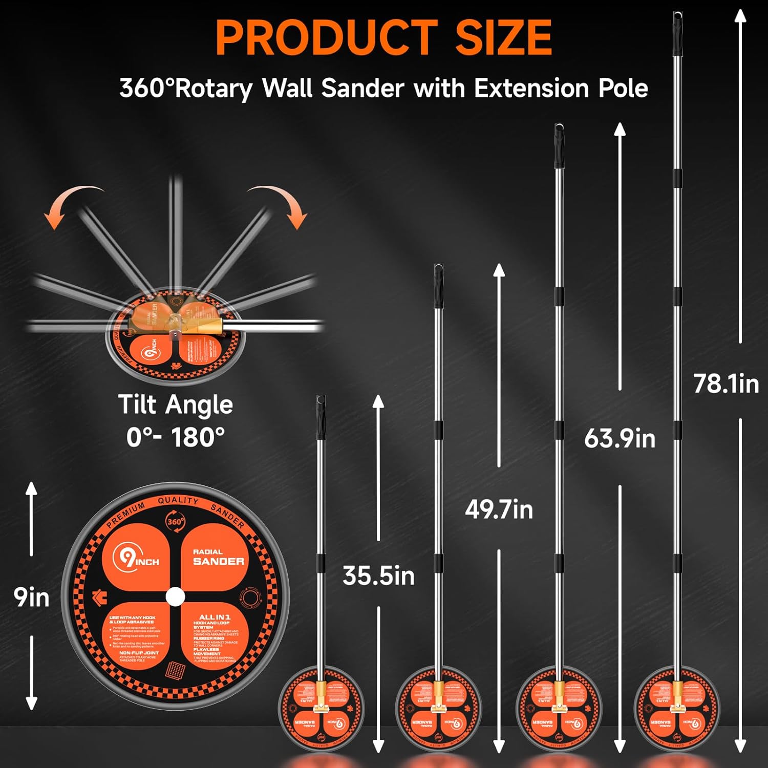 360° Wall Sander for Painting Prep, 78 inch Pole Sander for Drywall | Drywall Pole Sander with Extension Pole, 8 PCS