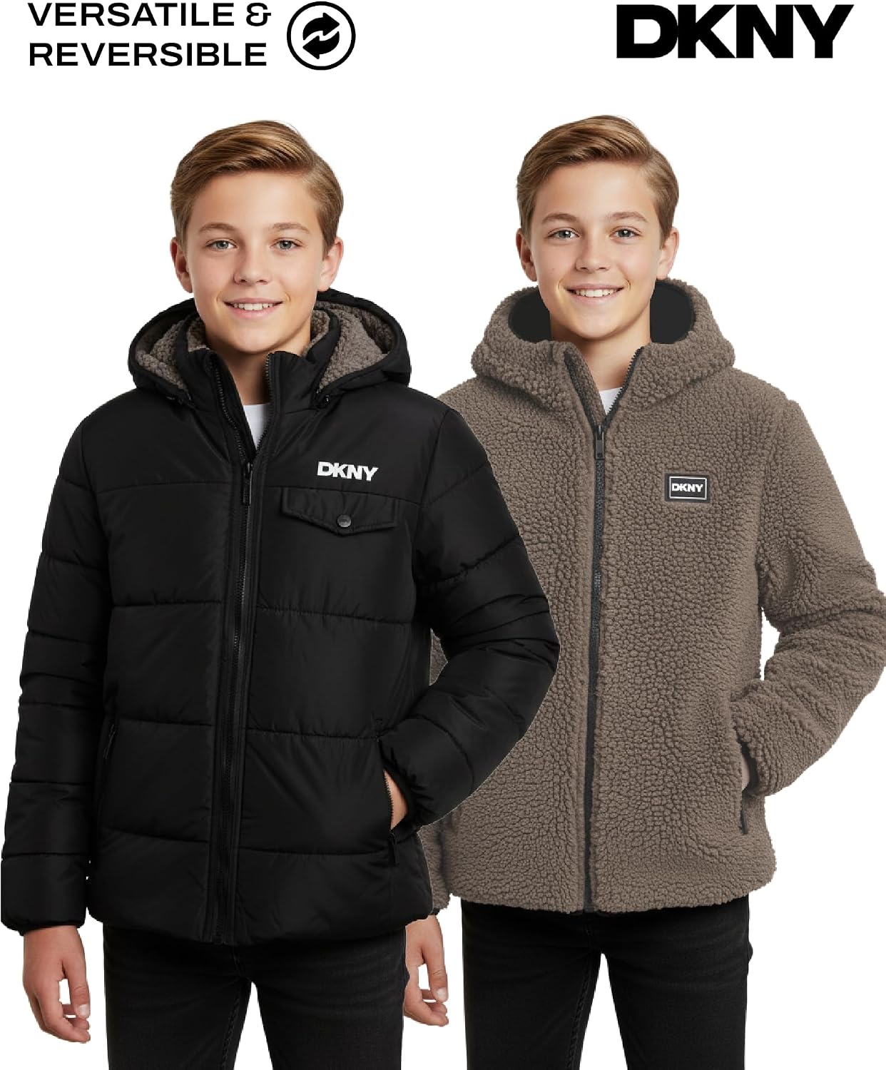 DKNY Boys Reversible Zip Up Puffer Jacket Sherpa Lined Hooded Winter Coat | Two Looks in One Reversible Design, Cozy