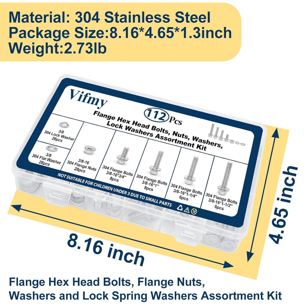 3/8-16 Flange Bolt & Nut Assortment Kit 304 Stainless Steel 112Pcs
