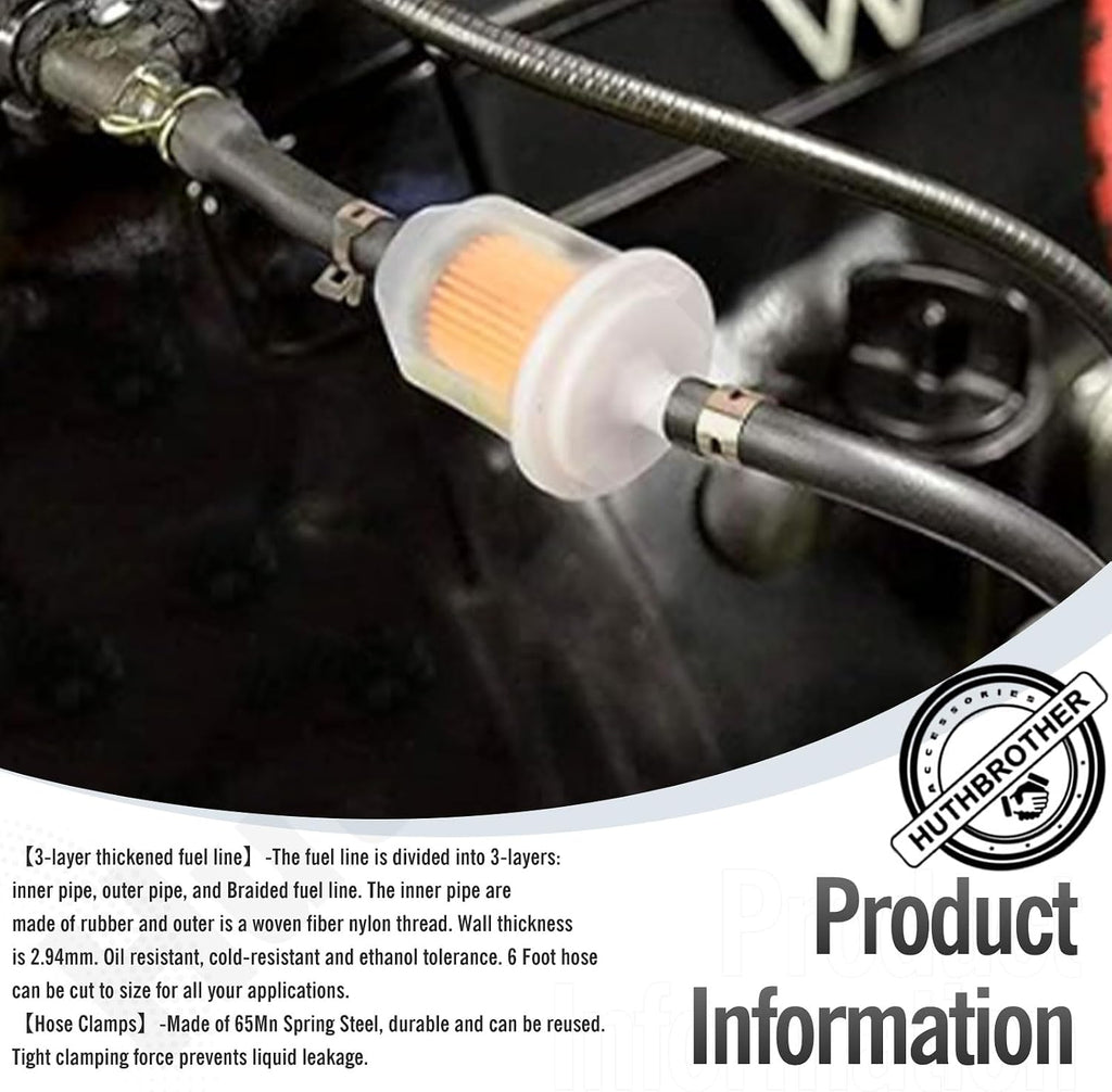 Lawn Mower Fuel Line 6-Foot 1/4 Inch ID Fuel Line Set + 2 Pcs 5/16 Inch Fuel Filters + 10 Pcs 2/5" ID Hose Clamps +2 Pcs 1/4 698183 Fuel Shut -by HuthBrother, for Kawasaki Kohler Mowers Engines