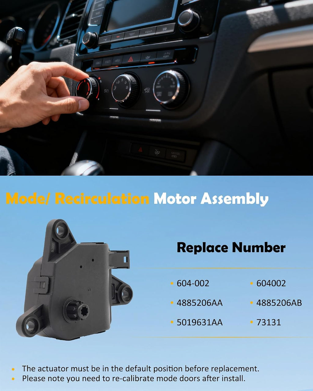 604-002 HVAC Heater Blend Door Actuator Compatible with Dodge 2002-2009 Ram 1500 2500 3500 2001-2009 Durango Chrysler 2001-2006 Sebring Aspen SRT Viper Recirculation Replace# 4885206AA 5019631AA