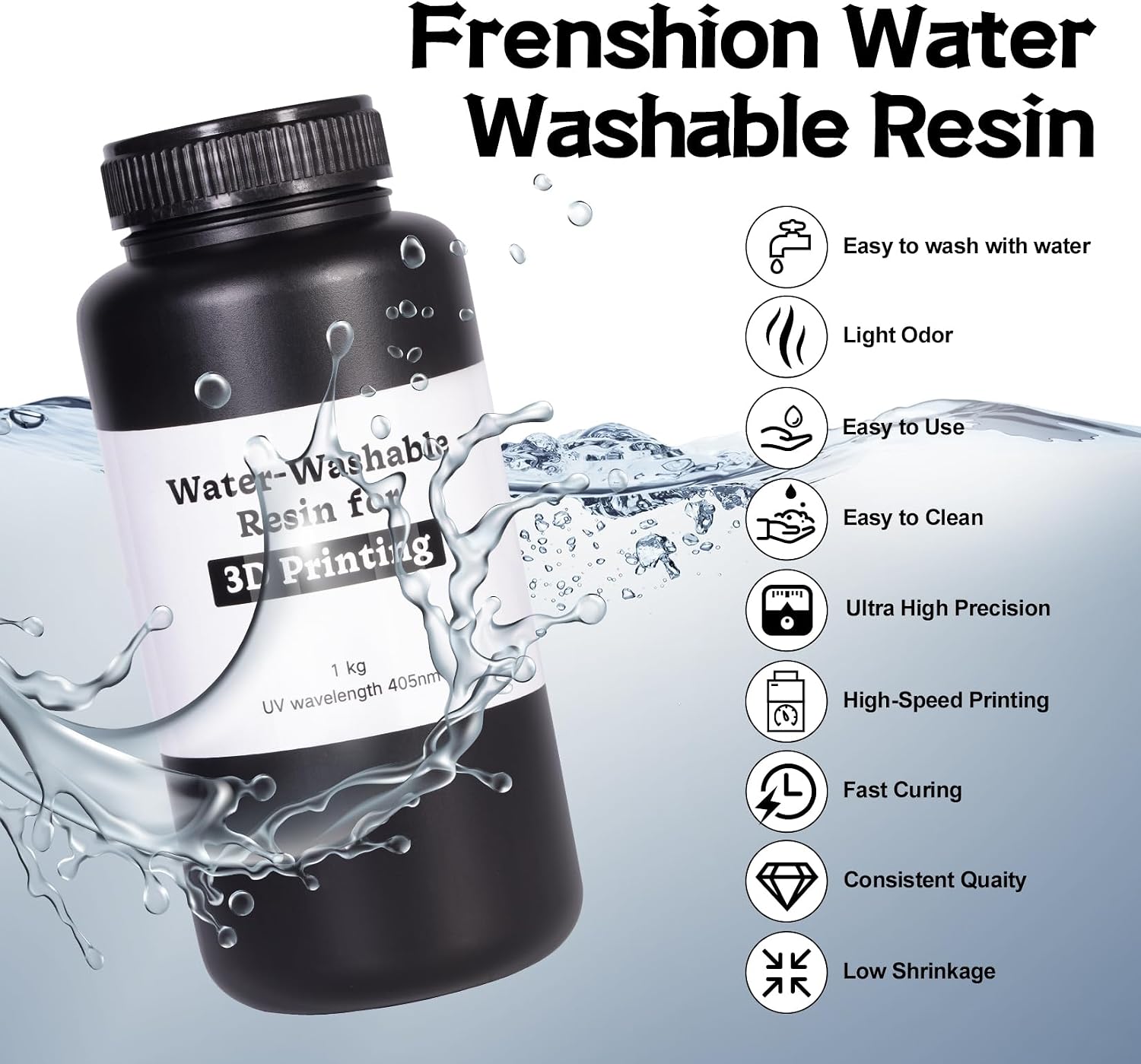Water Washable 3D Printer Resin, 405nm High-Speed Printing Liquid Photopolymer Resin, Upgraded Formula 3D Printing