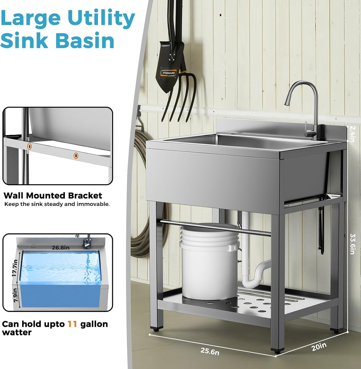Stainless Steel Utility Sink Freestanding Single Bowl Garage Sink 25 Inch