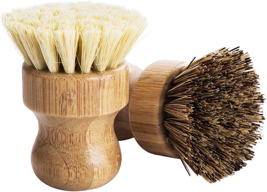 Palm Pot Brush- Bamboo Round 3 Packs Mini Dish Brush Natural Scrub Brush Durable Scrubber Cleaning Kit with Union