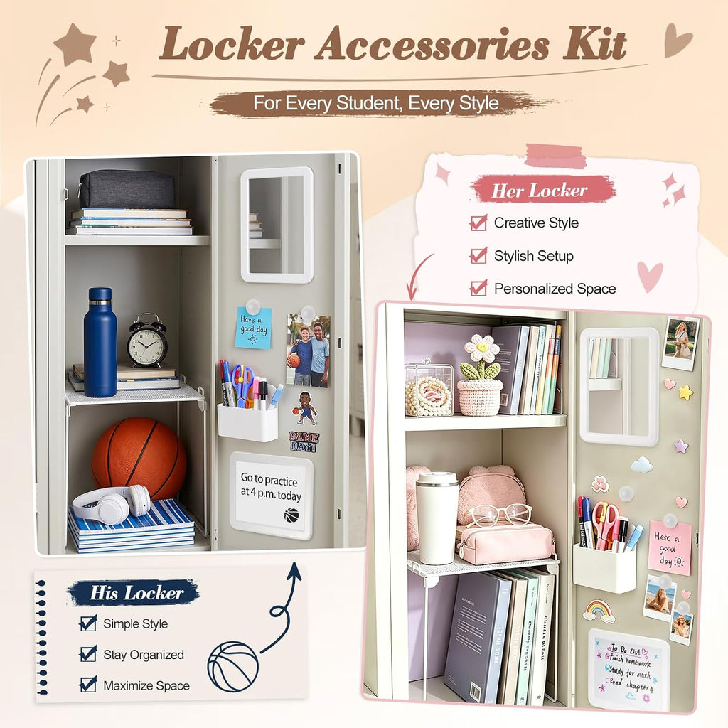 Locker Accessories Kit, Locker Organizer Kit with Locker shelf, Magnetic Mirror and Whiteboard, Pen Holder, Magnets