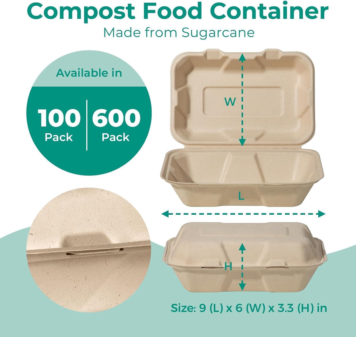 100 Pack 9x6 Compostable To Go Food Containers, Disposable To Go Boxes for Food, Lunch Boxes, Clamshell Take Out