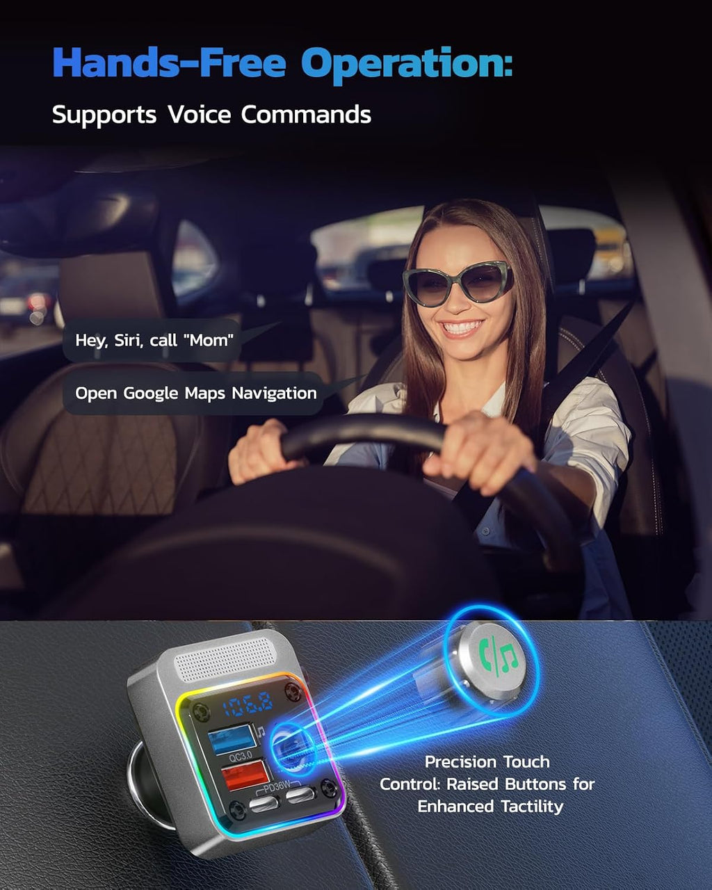 54W Bluetooth 5.3 Car Adapter, FM Transmitter 4-Port Fast Charging | Wireless FM Radio Music Player with Deep Bass, 5
