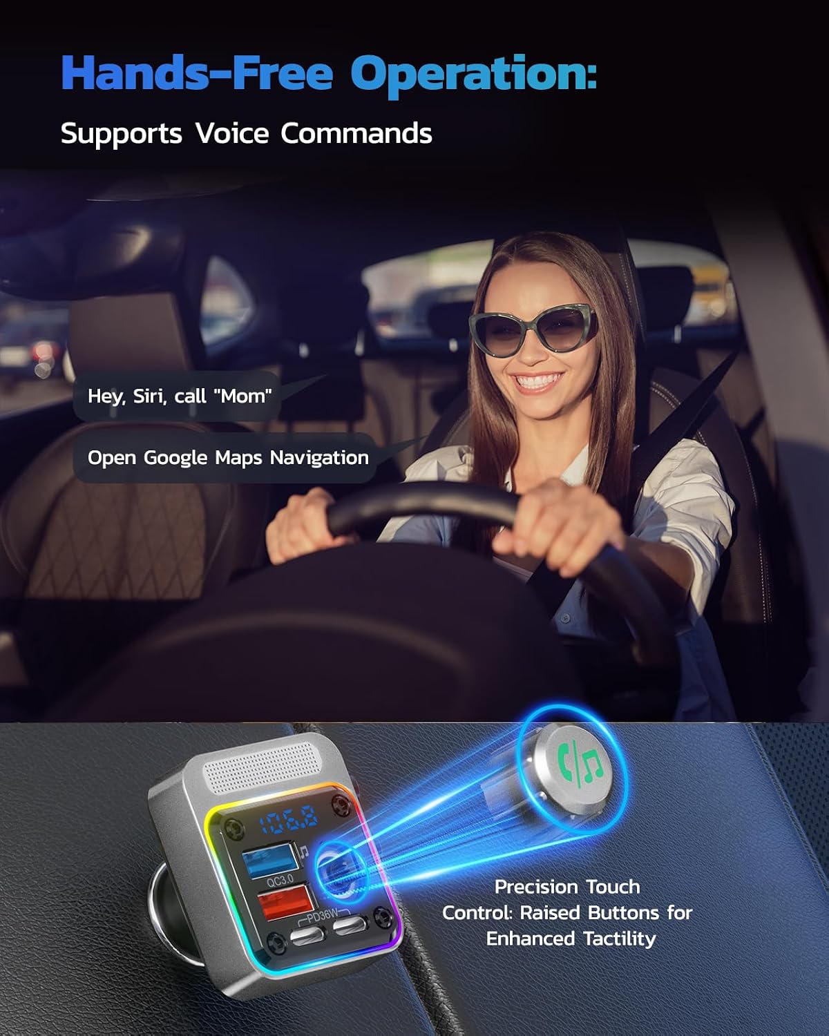 54W Bluetooth 5.3 Car Adapter, FM Transmitter 4-Port Fast Charging | Wireless FM Radio Music Player with Deep Bass, 5