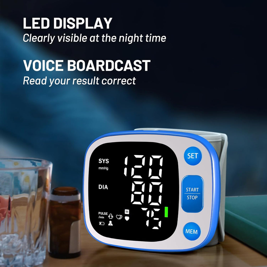 Blood Pressure Monitors for Home Use Rechargeable Wrist Digital BP Machine Cuff with LED Backlit Display, Voice