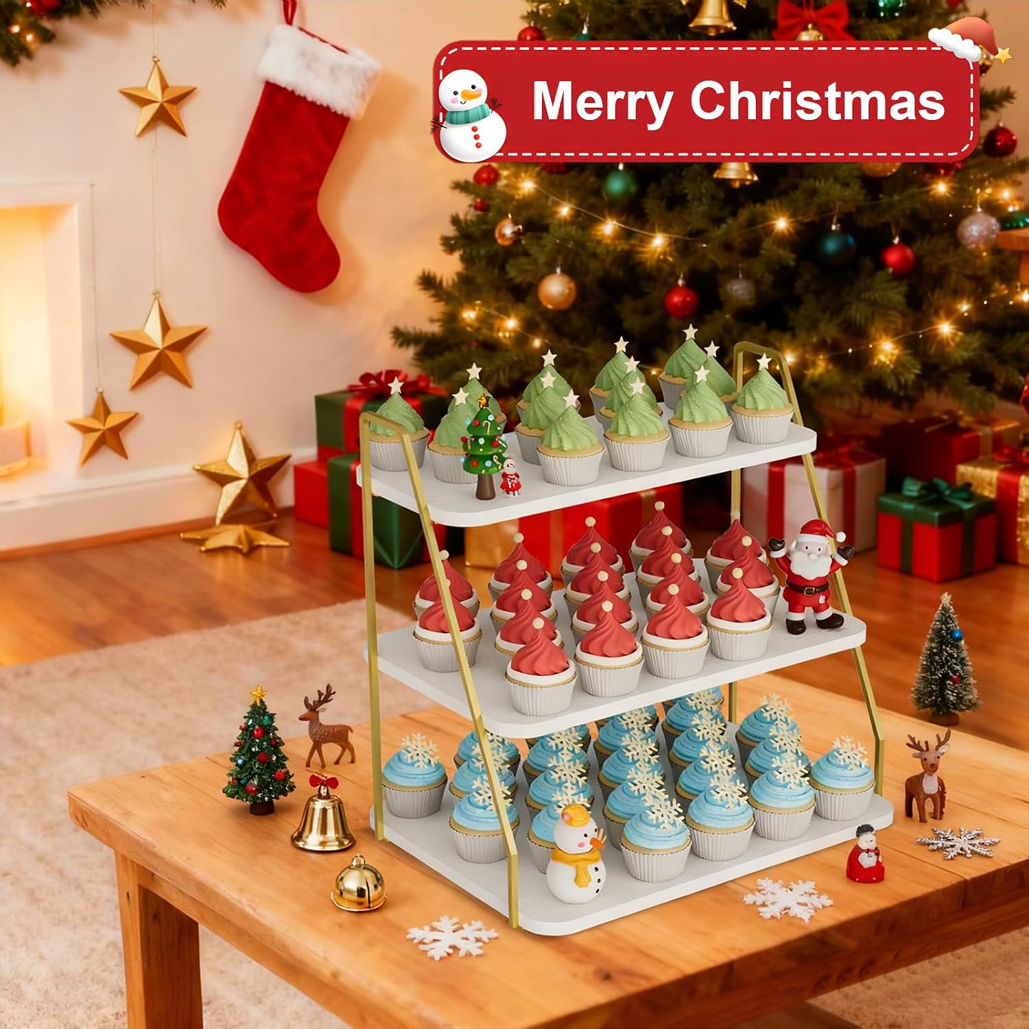 Cupcake Stand, 3-Tier Dessert Stand for 55 Cupcakes, Wood & Metal Tower Display Premium Holder Dessert Tree Tower for