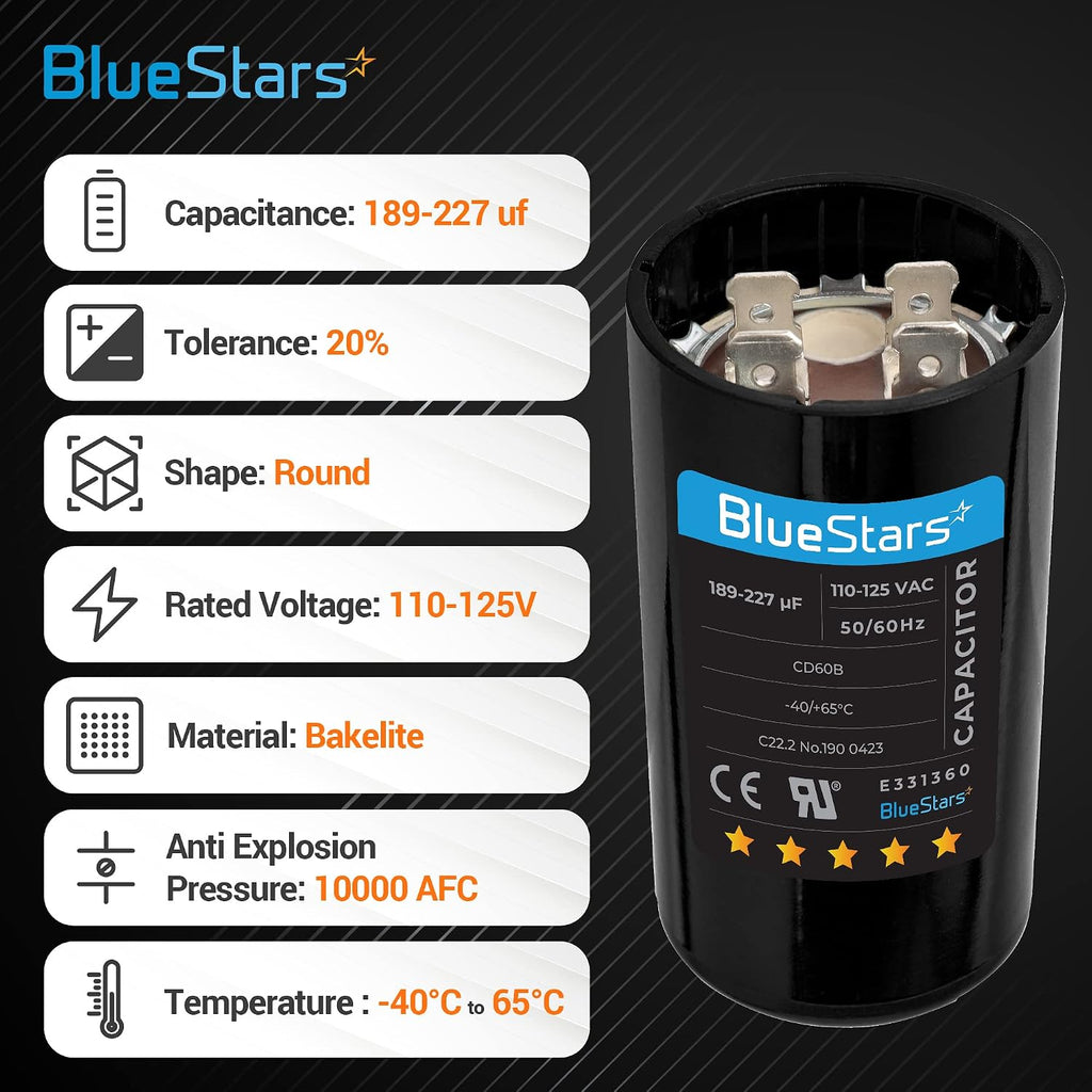BlueStars 2 Packs 189-227 uF MFD 125 VAC Motor Start Capacitor