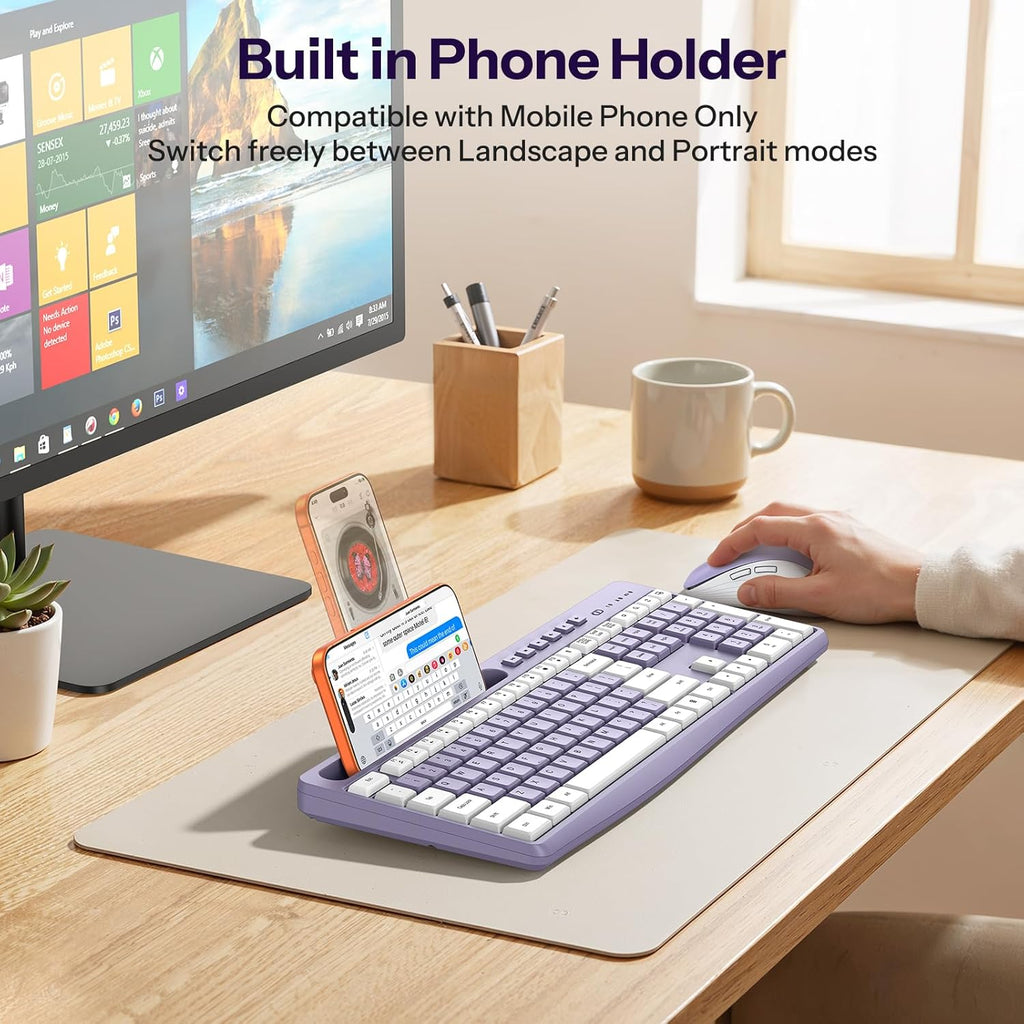 Purple Wireless Keyboard and Mouse Combo,2.4GHz USB Receiver | Built-in Phone Holder & Silent Typing for Home/Office