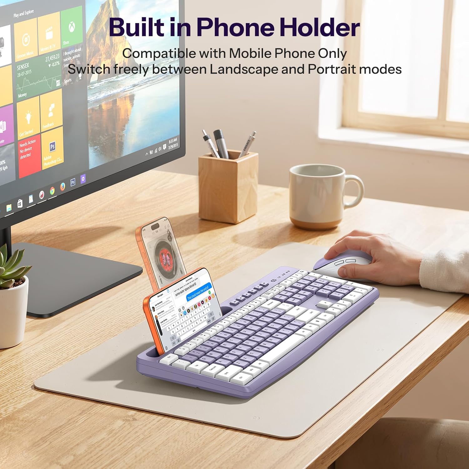 Purple Wireless Keyboard and Mouse Combo,2.4GHz USB Receiver | Built-in Phone Holder & Silent Typing for Home/Office
