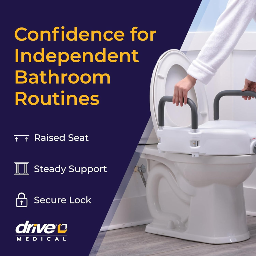 2-in-1 Raised Toilet Seat with Removable Padded Arms - Elevated Bathroom Safety Support - Secure Locking Attachment