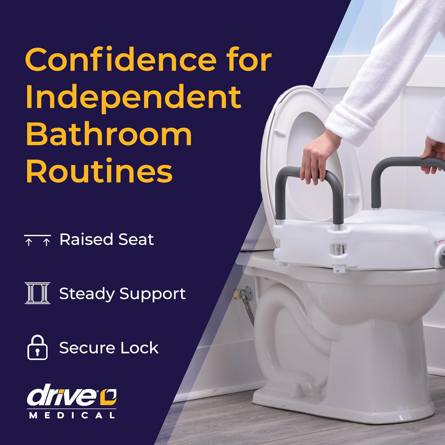 2-in-1 Raised Toilet Seat with Removable Padded Arms - Elevated Bathroom Safety Support - Secure Locking Attachment