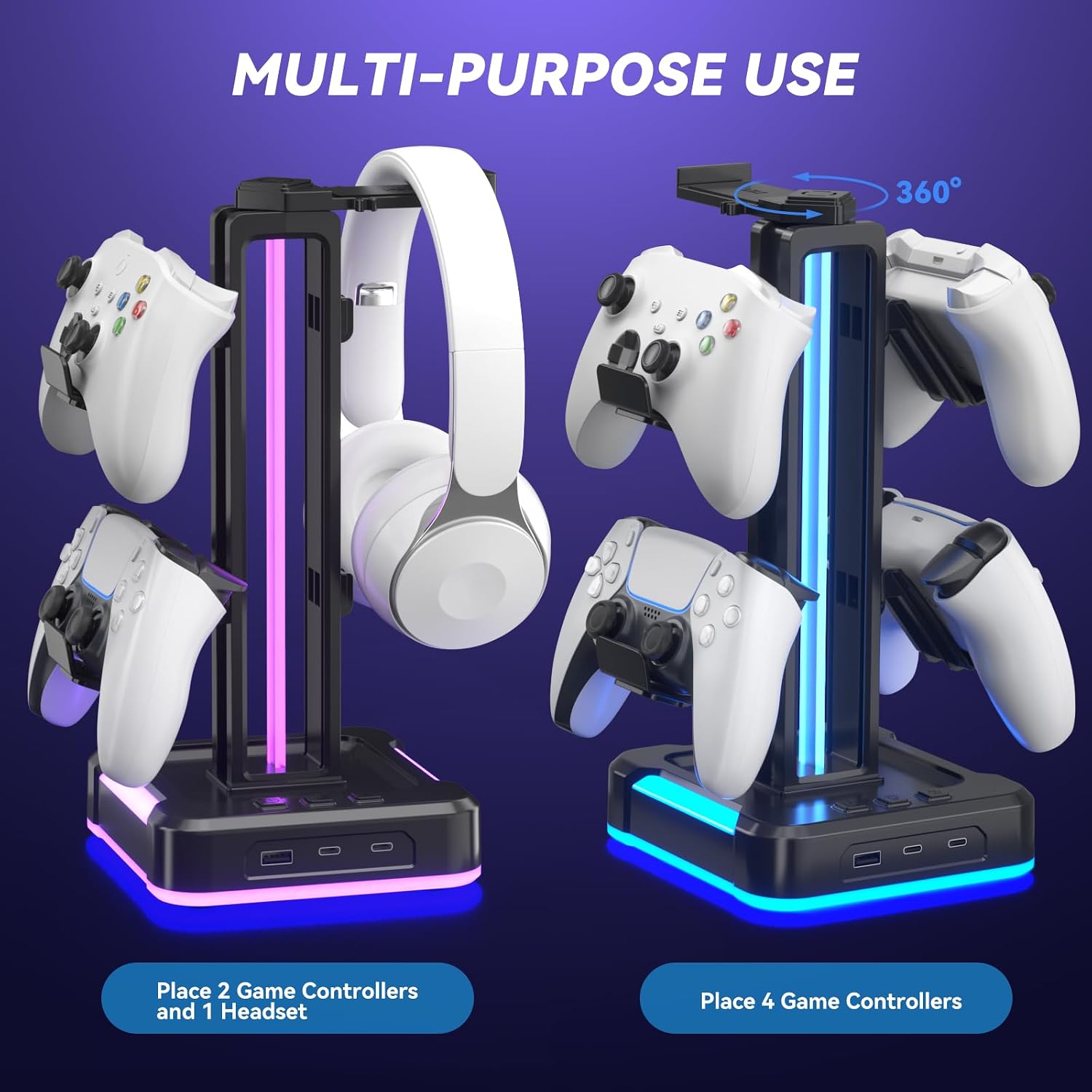 RGB Gaming Headphone and Controller Stand with 2 Type-C and 1 USB Ports | Headset Stand with 9 Light Modes, Headset