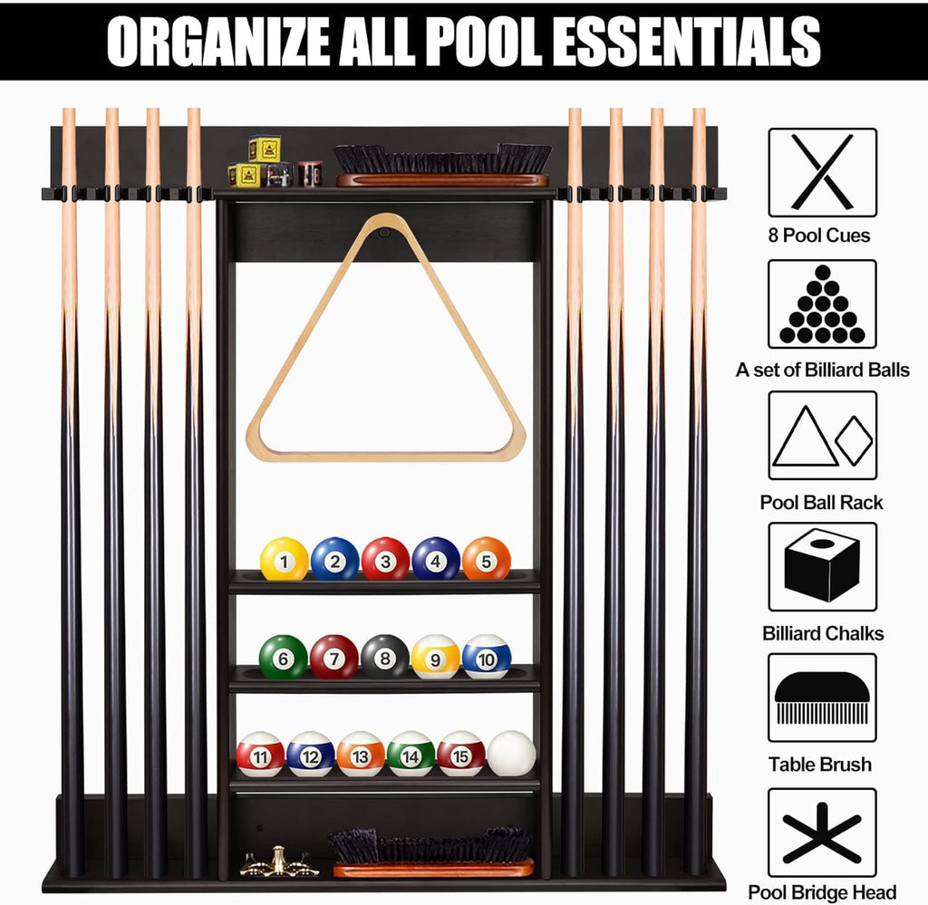 Pool Cue Rack Wall Mount,Cue Stick Holder,Wall Pool Stick Holder,Dark Brown | Holds 8 Cues and Full Set of Balls
