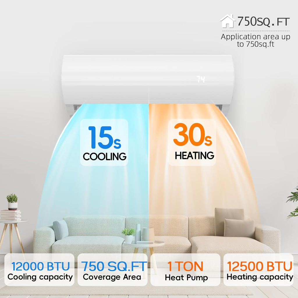 12000BTU Mini Split Air Conditioner Heat Pump, 19 SEER2 Inverter Compressor AC Unit Cools Rooms up to 750 Sq. Ft