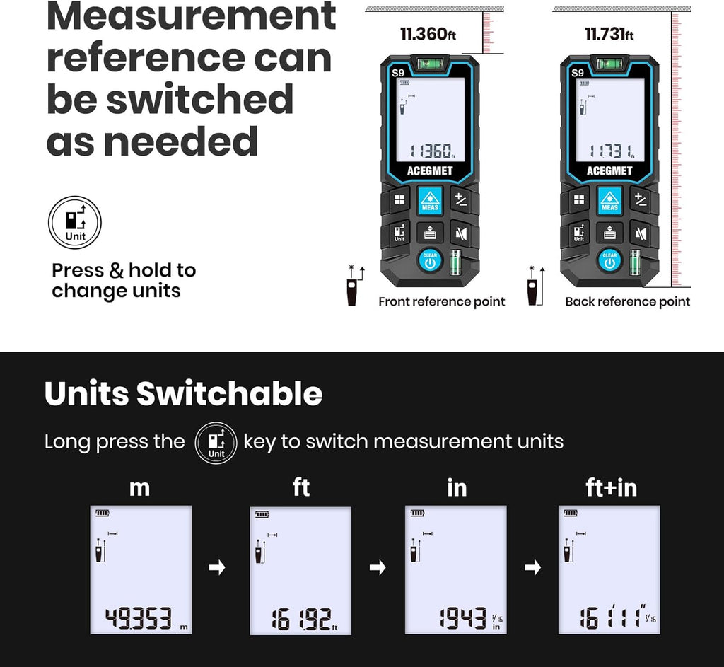 Laser Measure, 229ft/70m Laser Measurement Tool, S9 Room Laser Measuring Tool with 2 Bubble Levels, LCD Backlit